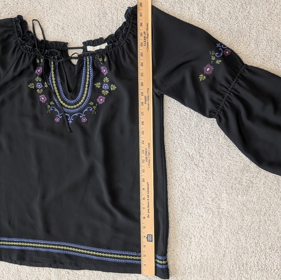 Cache Luxe Chiffon Top Blouse Black Embroidered Sheer Long Sleeve Size Medium - Picture 9 of 9